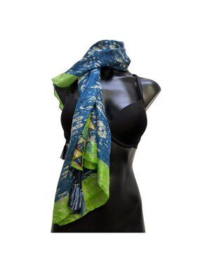 Johnny Was Blue & Green Printed Tassel Scarf Lightweight